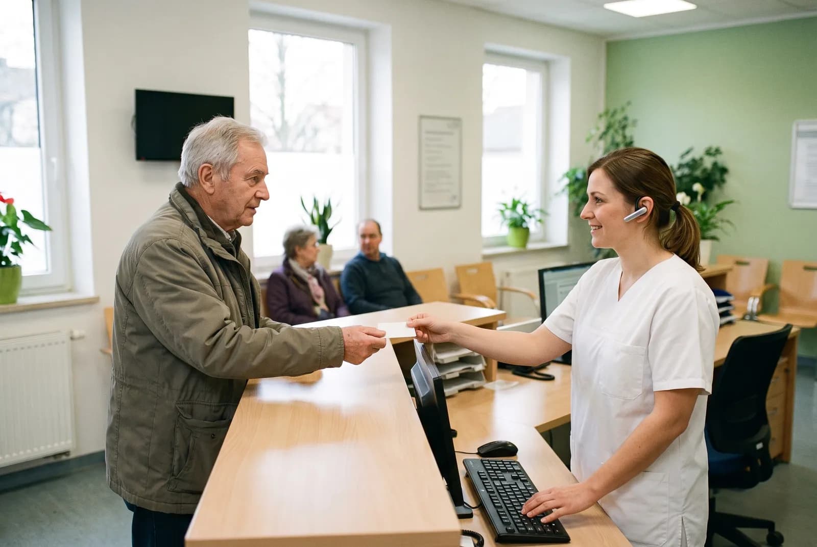 Symbolbild: Empfang einer Arztpraxis, eine Mitarbeiterin mit Headset nimmt einen Patienten in Empfang